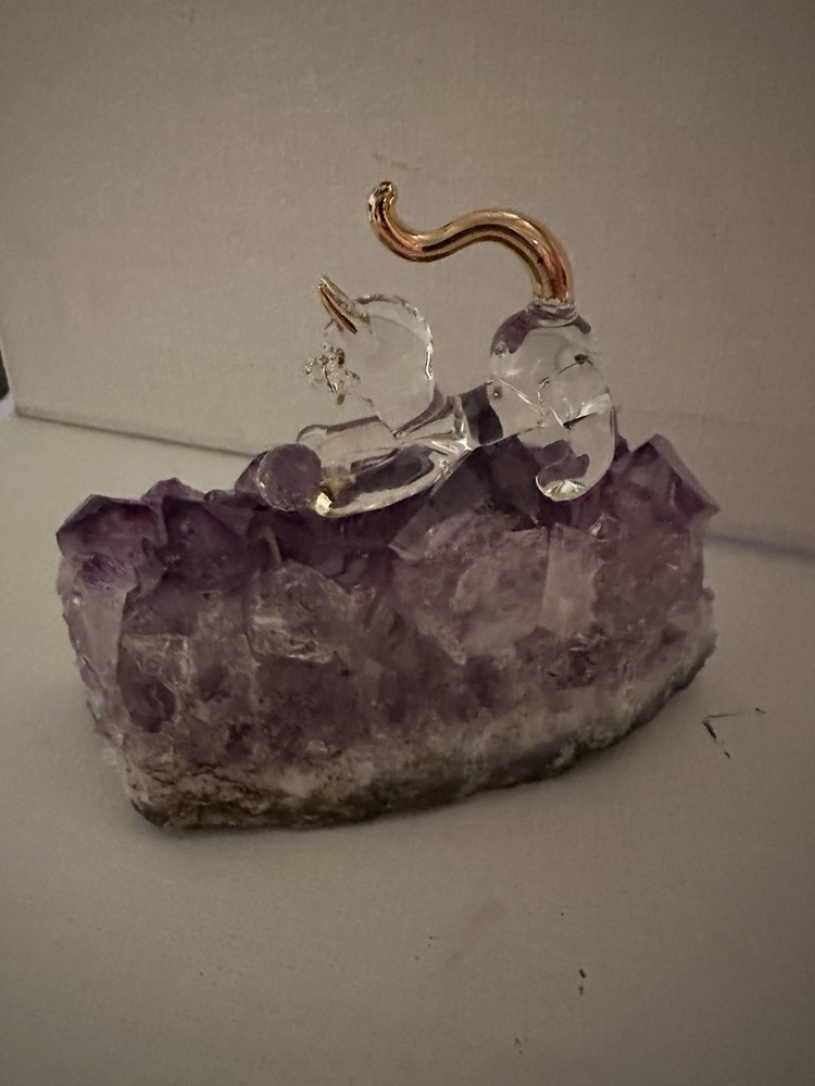 Cat With Rainbow Cut Ball On Amethyst Geode Stone
