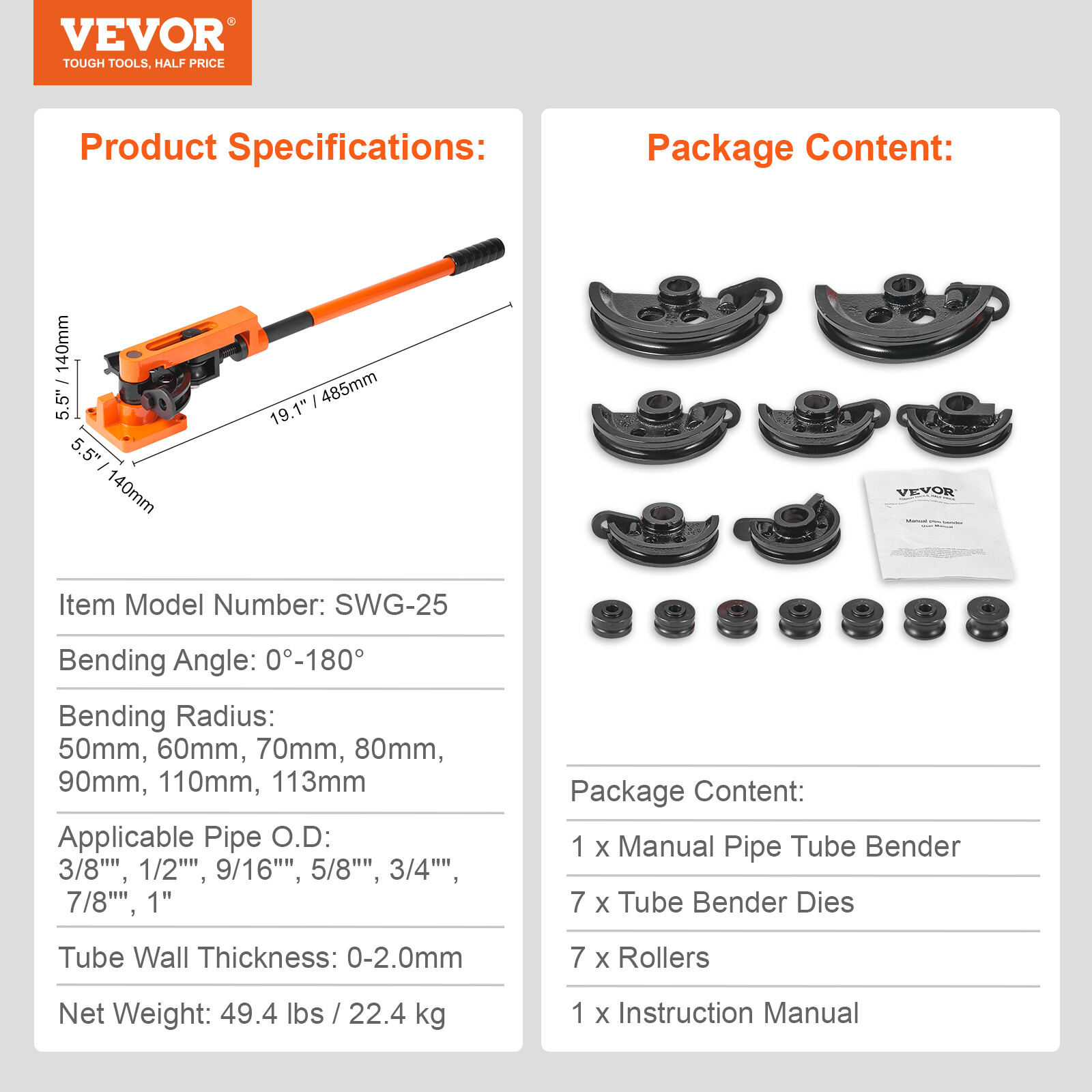 VEVOR Manual Pipe Tube Bender 3/8" to 1" OD with 7 Dies 180° Bending Tools