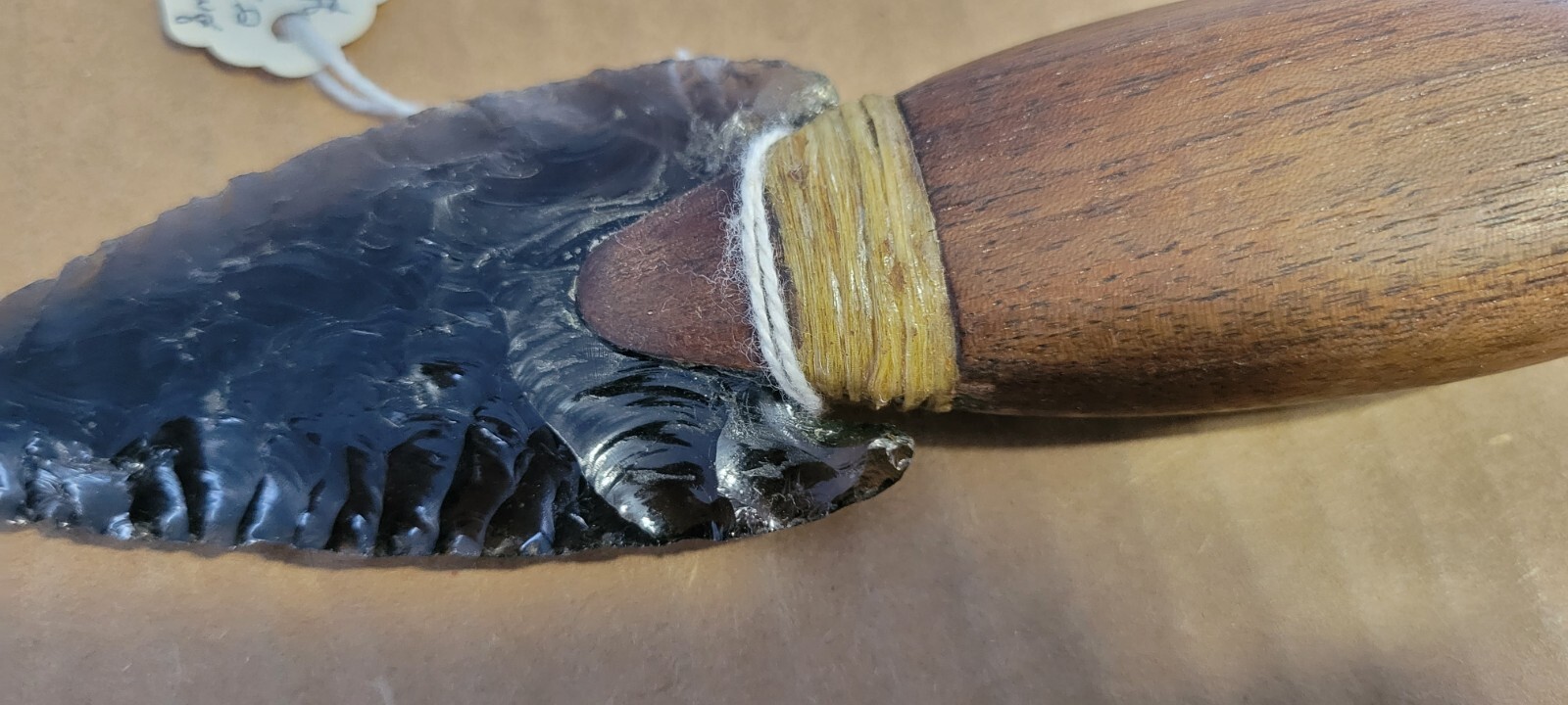 Native Amer.Smokey Obsidian Stone Knife Wood Handle Oregon Dbl. Edge Translucent