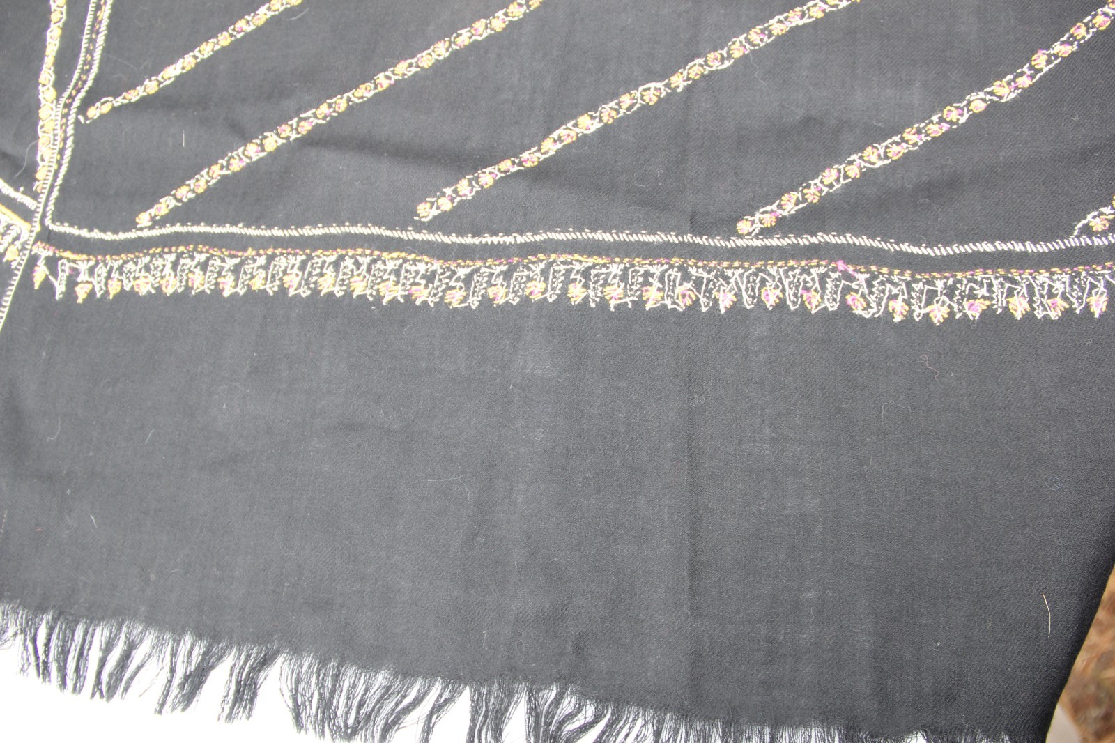 Wool Large Throw/Shawl Black Embroidered Trim and Fringe 76"x25"