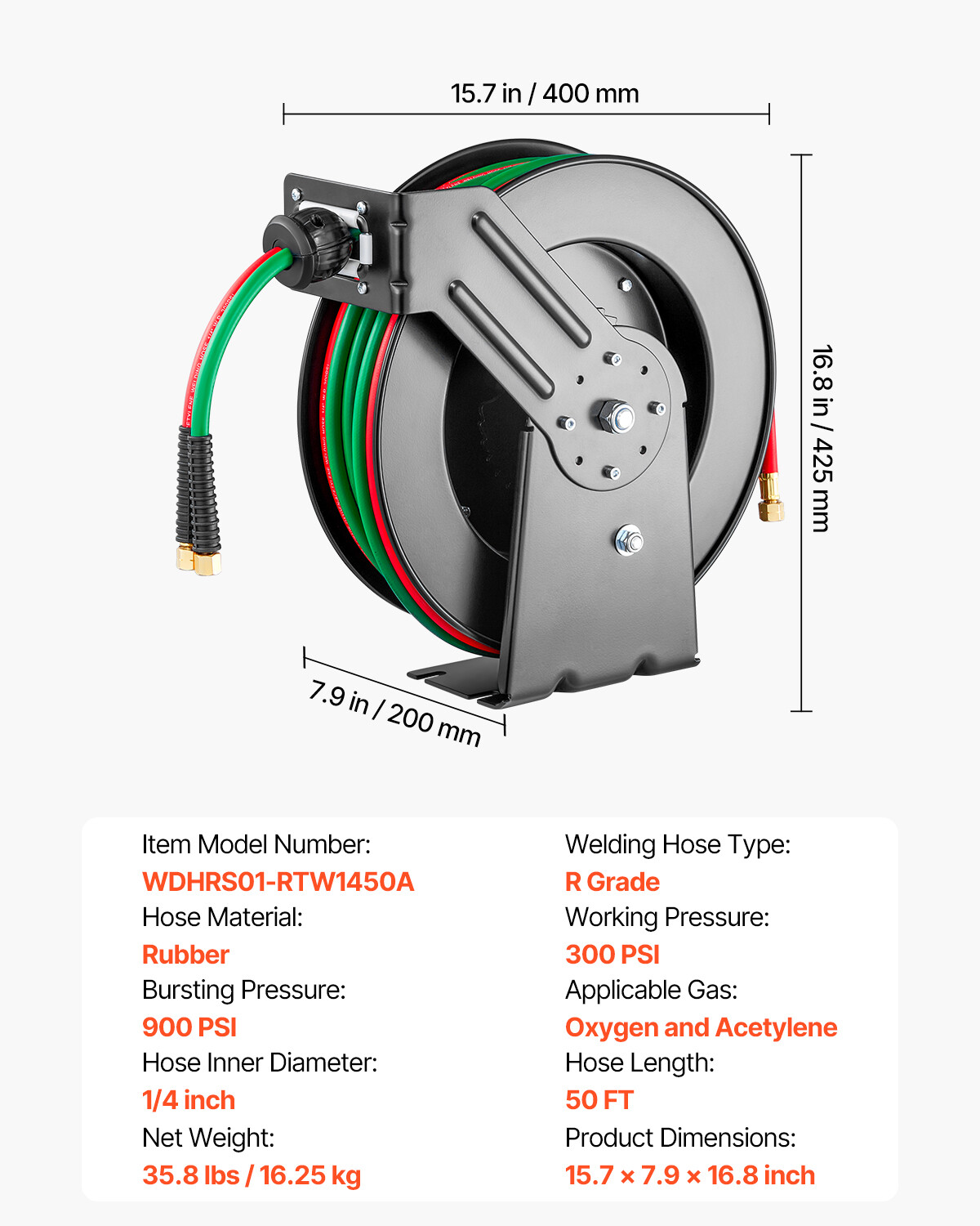 Retractable Welding Hose Reel 1/4 in x 50FT Oxygen Acetylene Rubber Hose R Grade