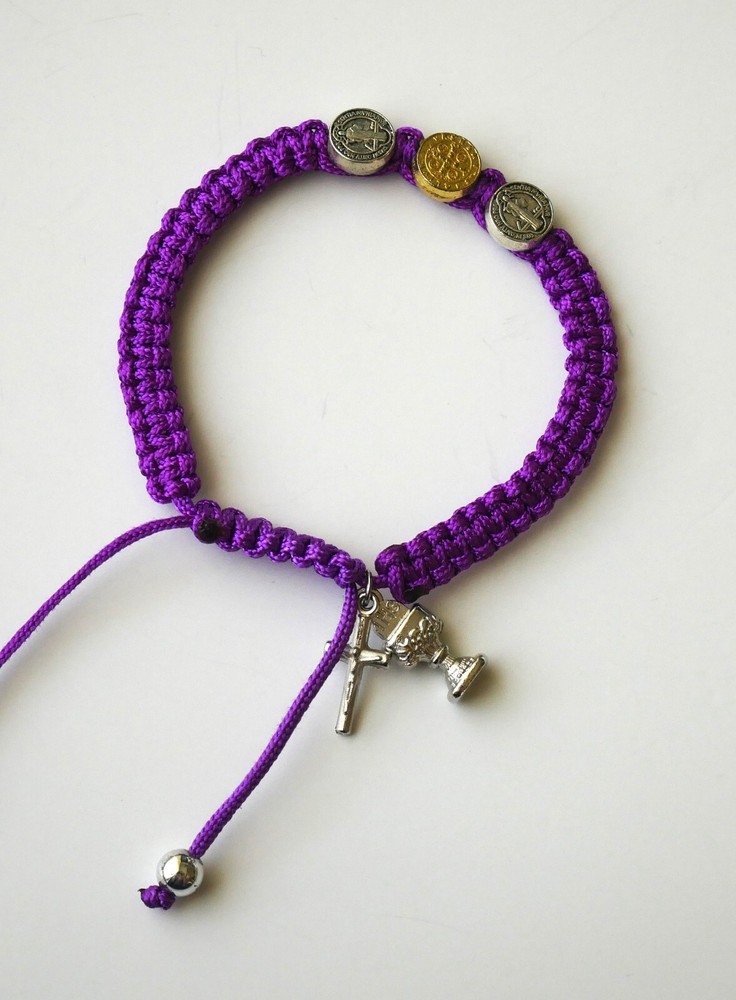 First Communion Purple Bracelet with (3) Medallions and Dangles