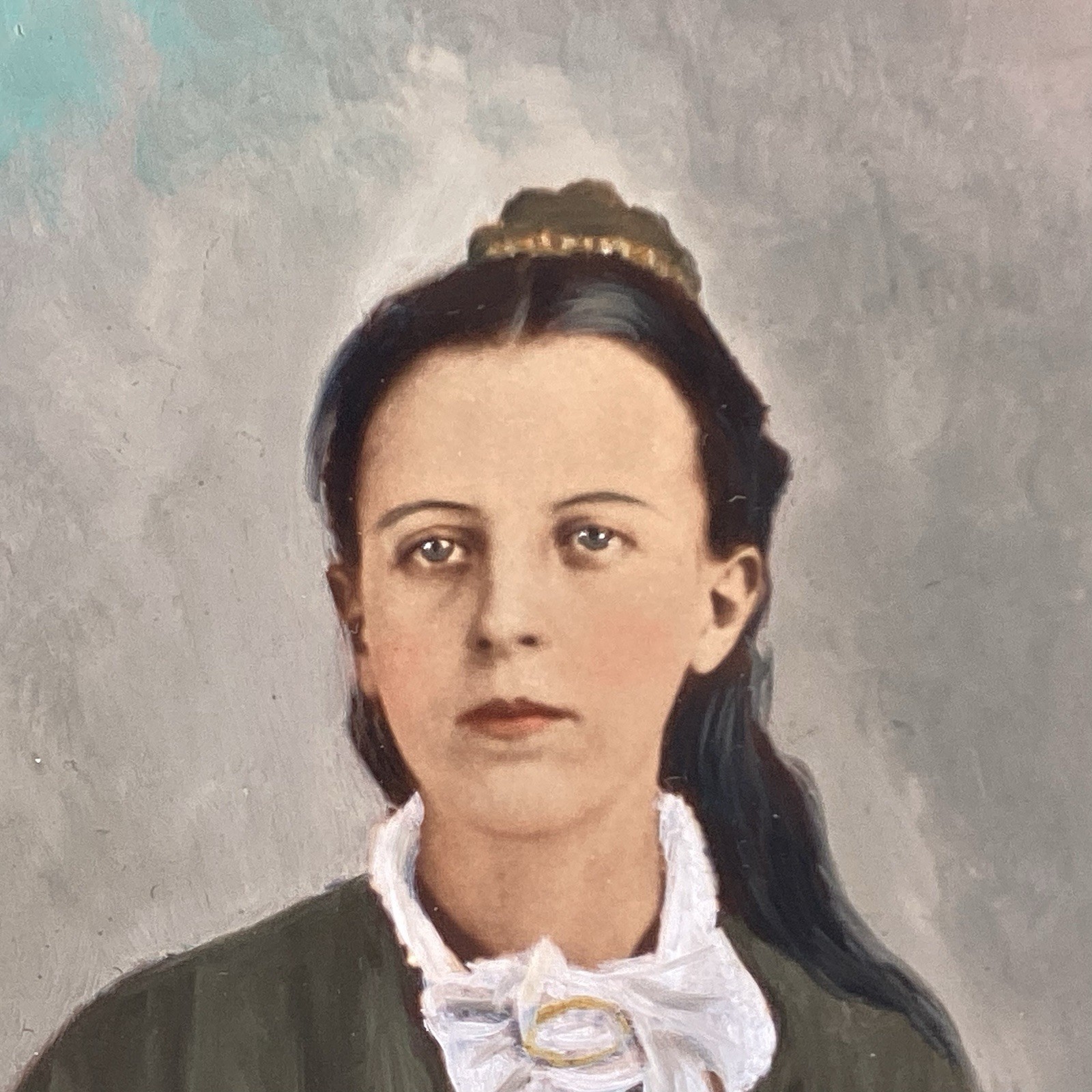 Pair Hand Painted Victorian Portrait Photos Detailed 1890’s Mother Daughter?