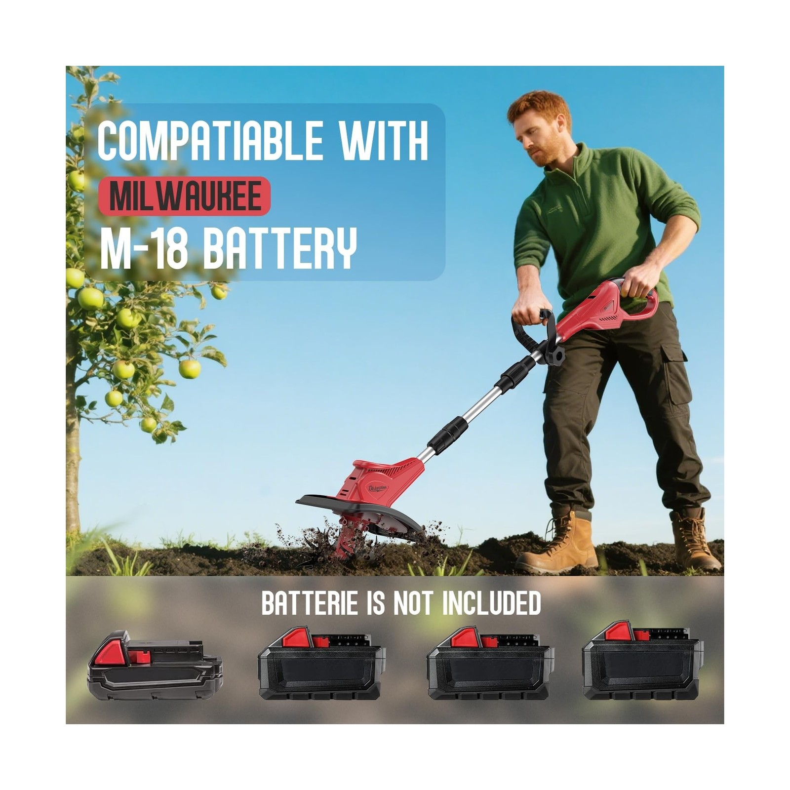Cordless Tiller Cultivator Compatible with Milwaukee 18V Battery(Tool Only), ...