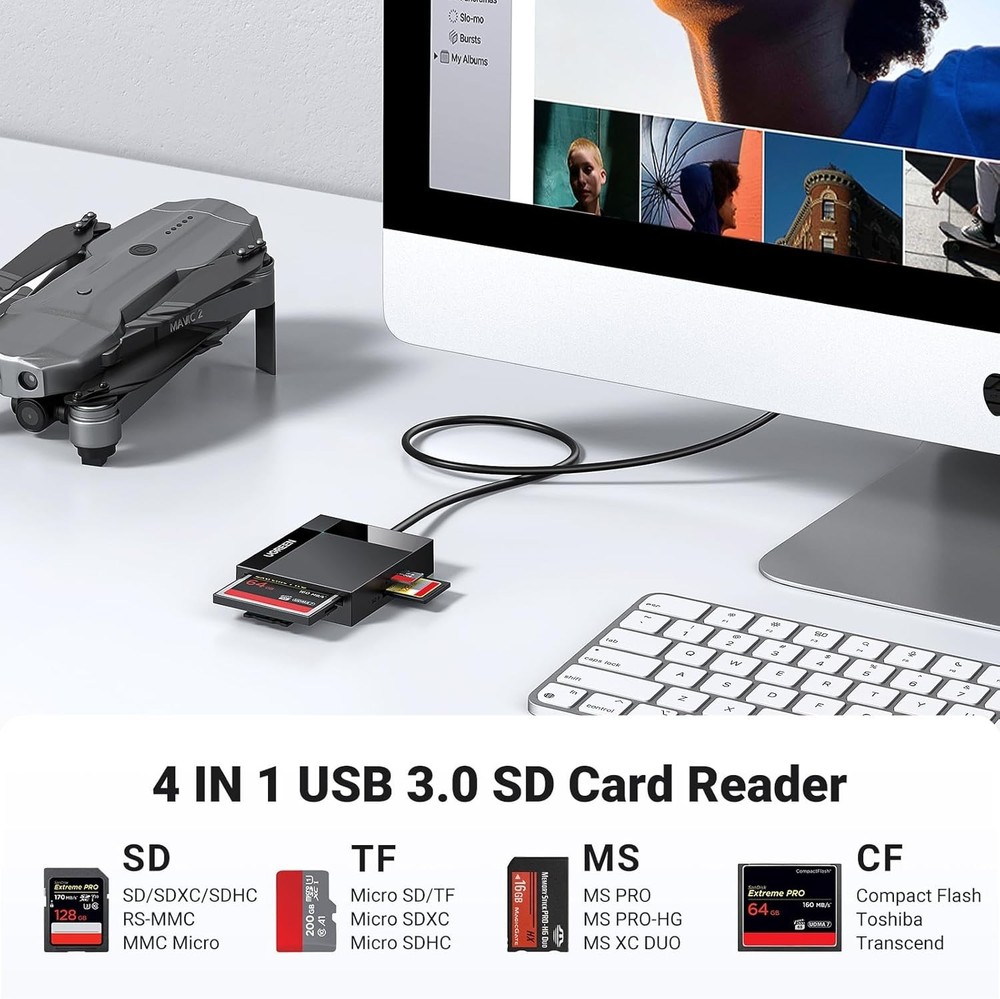 Portable USB 3.0 SD Card Reader for Quick 4 Card Access - Compact Black Hub