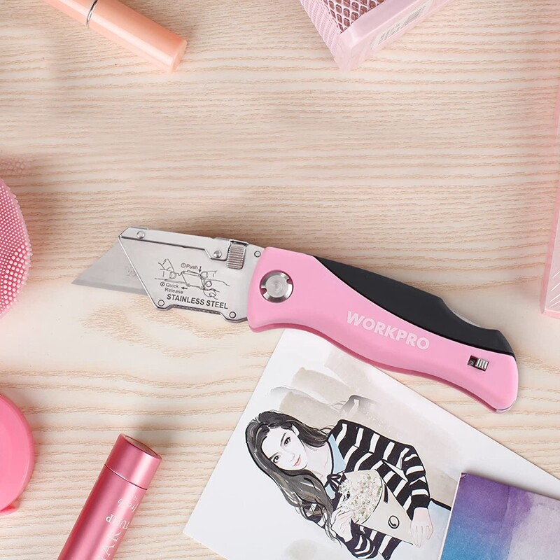 WORKPRO Folding Utility Knife Pink Razor Knife Quick Change Box Cutter 15 Blades