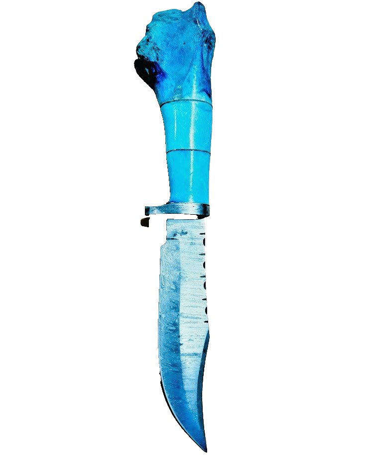 Blue Stag Bone Handle Damascus Fixed Blade Knife, Custom Made