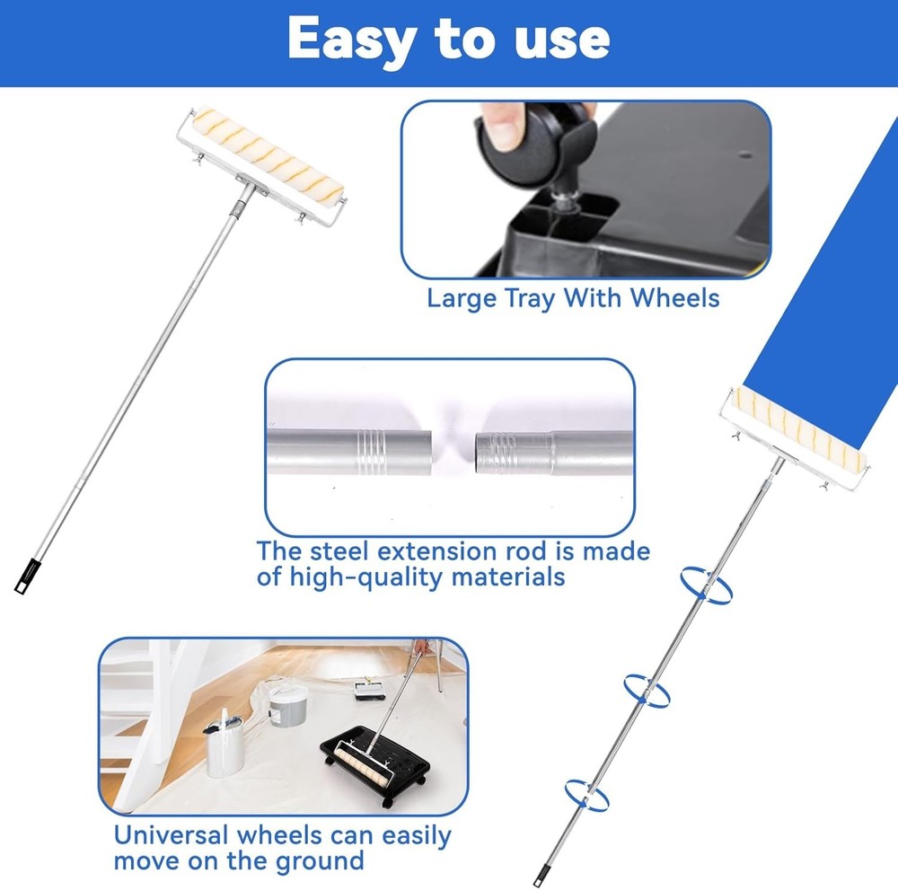 12 pcs 18 inch paint roller kit, adjustable frame, tray, extension pole for wall