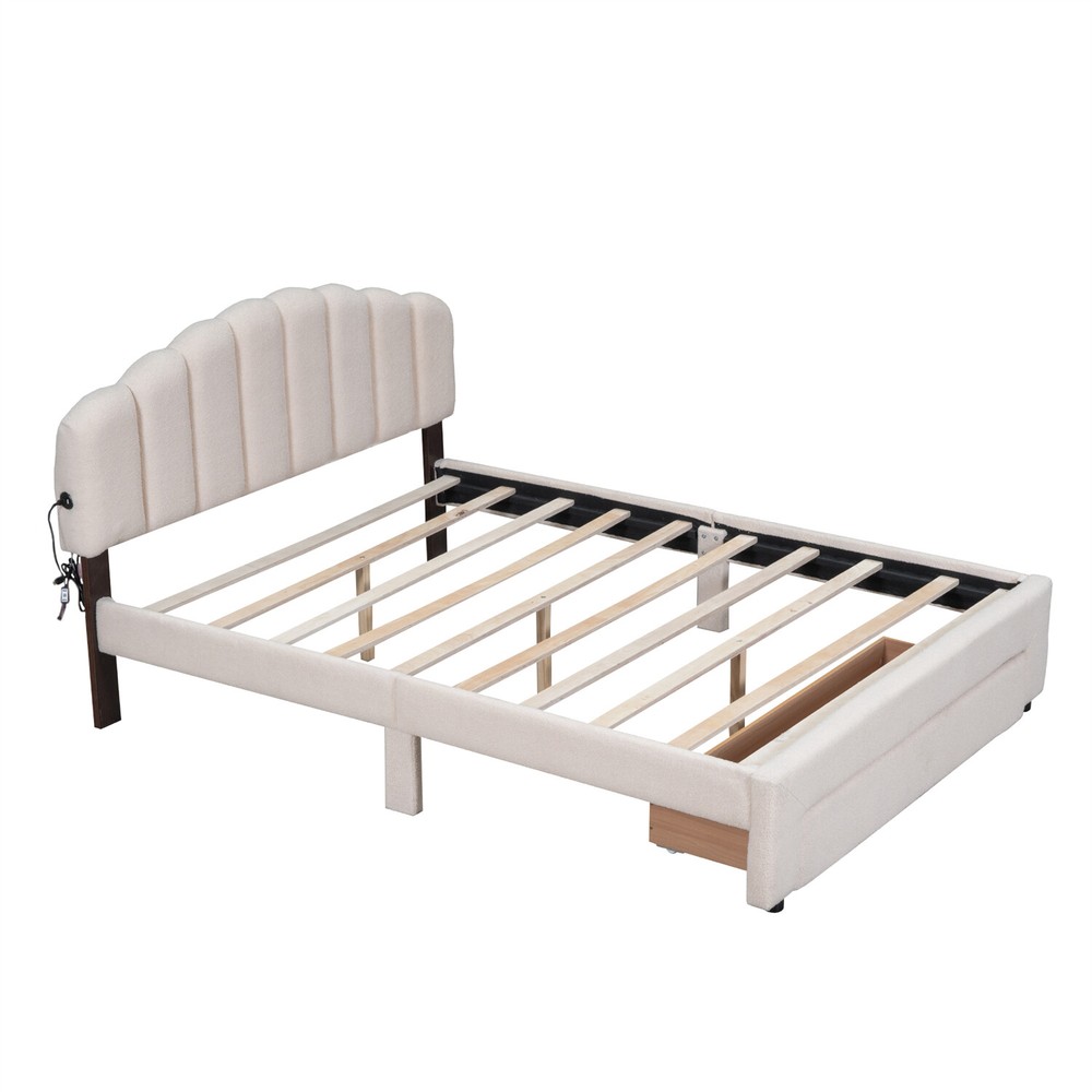 Queen Size Bed Frame Upholstered Platform Bed Frame with Headboard & Drawer US