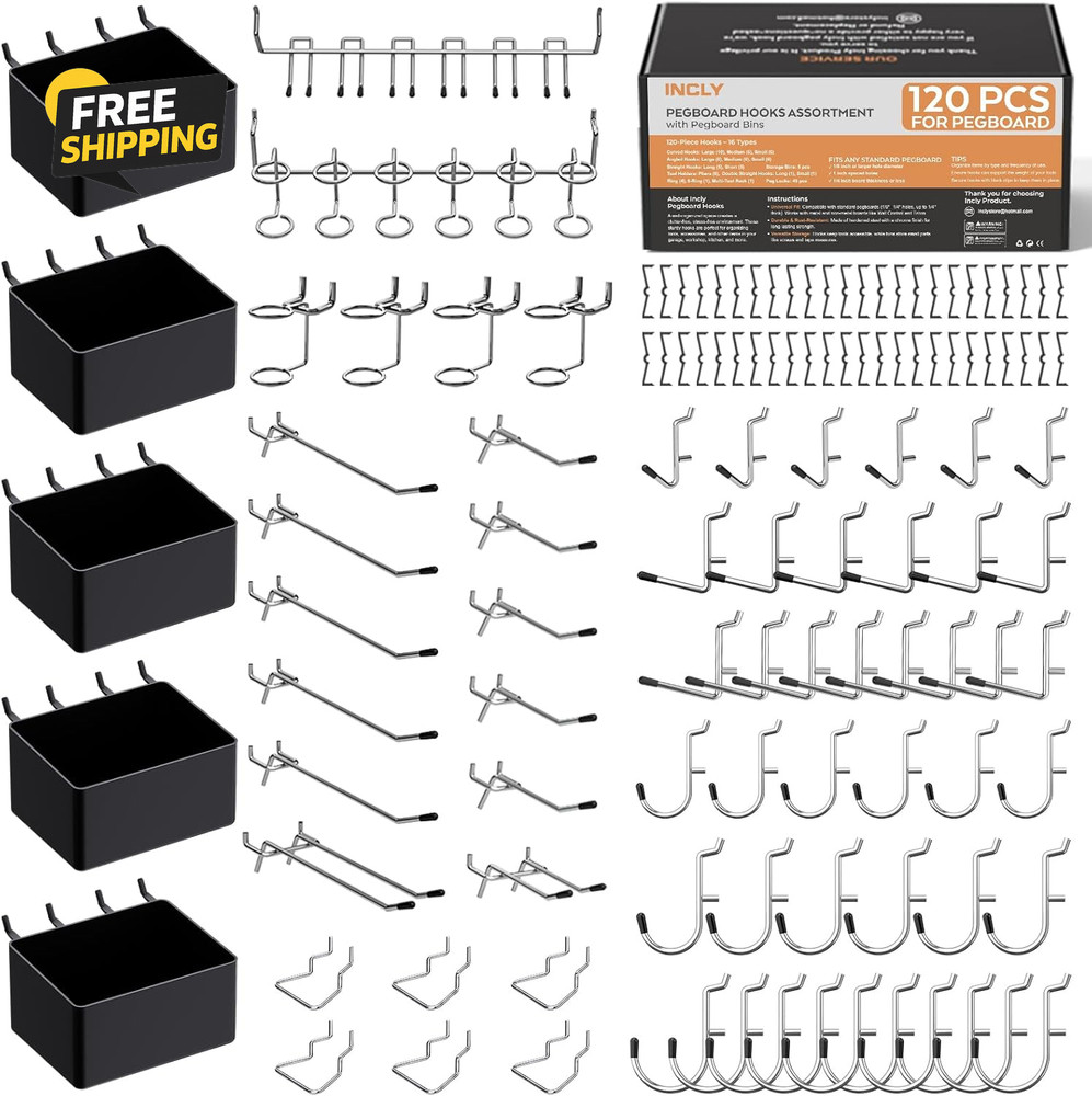 120PCS Pegboard Accessories Organizer Kit, Peg Board Hooks Assortment with Bins