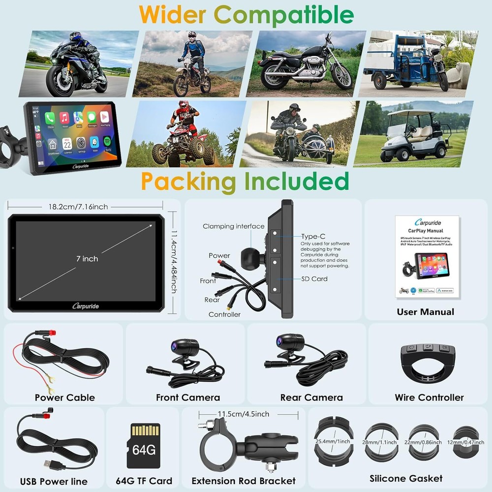 Carpuride W712D Carplay Android Auto Wired Controlle Waterproof Touchscreen GPS