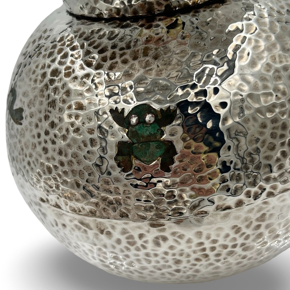 Los Castillo Hammered Silver Pitcher With Malachite Frog Accent & Decorative Inl
