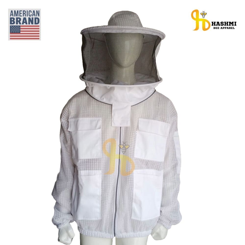 3 Layer Full Ventilated Beekeeping Protective Jacket Round Cap, White, Large