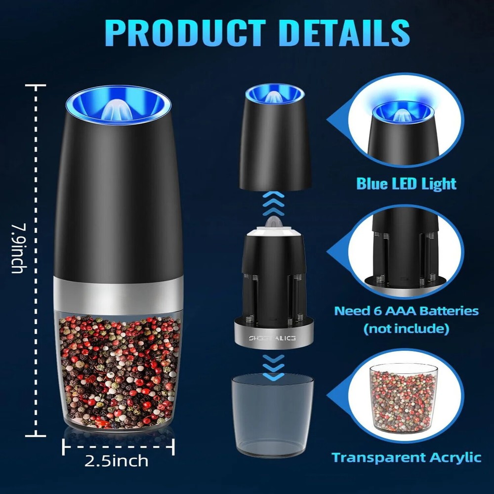 2 Pack Gravity Electric Salt and Pepper Grinder Mill Shaker Adjustable Automatic