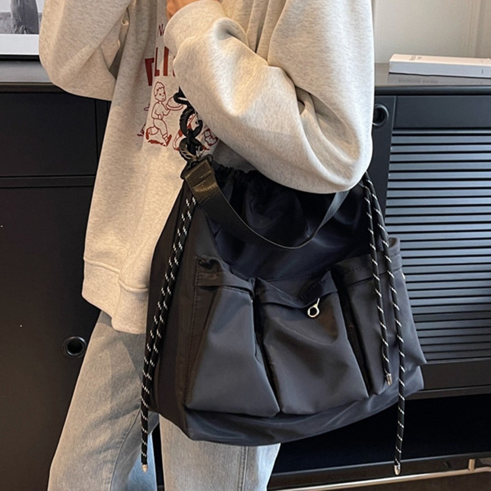 Functional Nylon Shoulder Bucket Bag with Drawstring and 3 Small Pockets