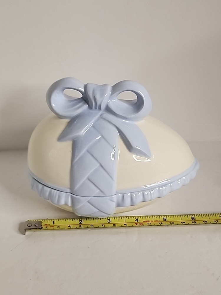 Vintage Easter Egg Candy Dish with Lid Blue Bow Ceramic Trinket Dish 1985