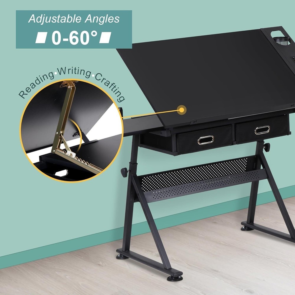 Adjustable Drafting Table with Stool Tilting Drawing Desk Artist Table w/Drawers