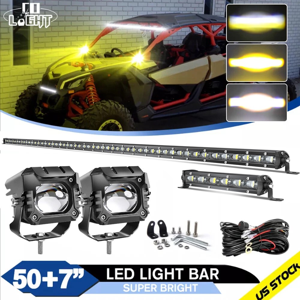 Roof 50" +7" LED Light Bar+3" Dual Color Pods Wire Kit For Can-Am Maverick X3