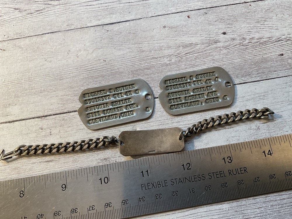 ORIGINAL WWII US STERLING ID BRACELET PLUS DOG TAGS PAIR