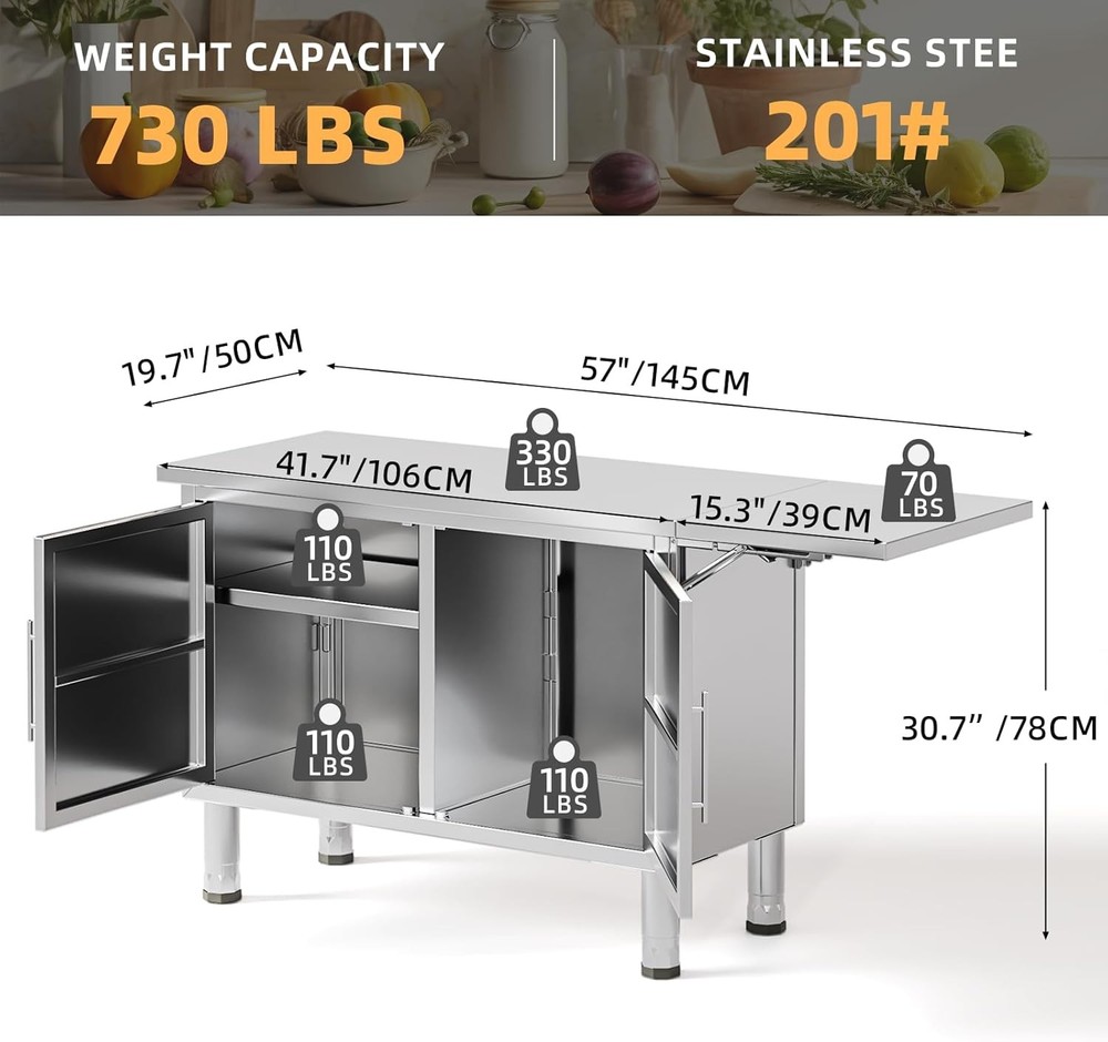 57"x19.7" Stainless Steel Kitchen Cabinets Worktable with Extend Panel & Shelf