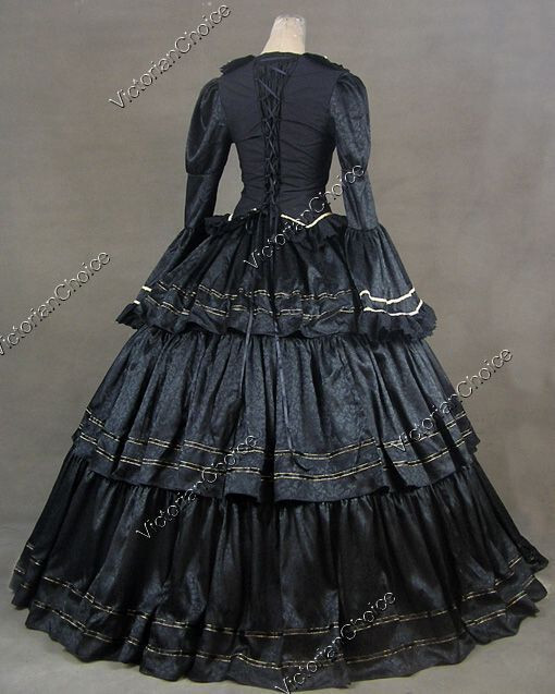 Black Victorian Civil War Brocade Dress Ruffle Skirt Ball Gown Gothic Costum 188