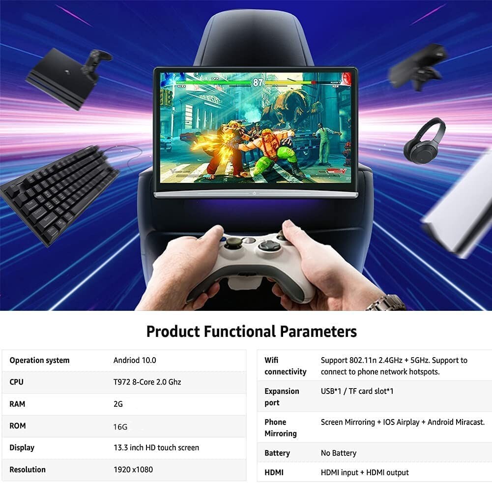 13.3 Inch Car Headrest Video Player with WiFi, Android 10.0, 4K,Netflix,YouTube