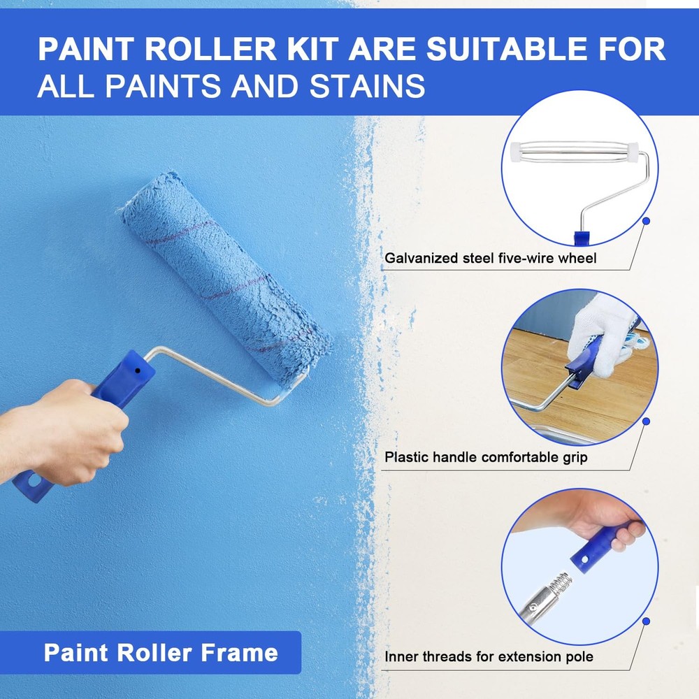27 PCS Paint Roller Kit with Extension Pole, 4" & 9" Rollers, Blue