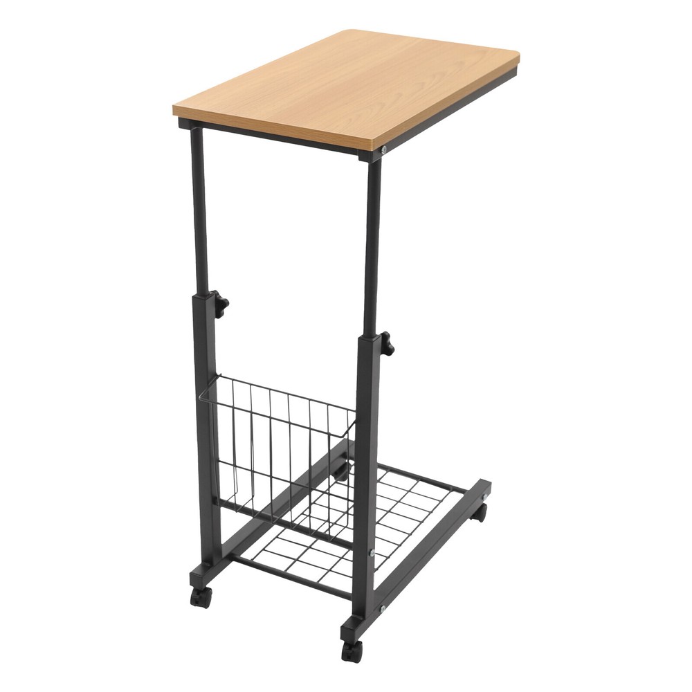 Height-Adjustable Teak Side Table with Wheels - 2 Tiers for Easy Storage