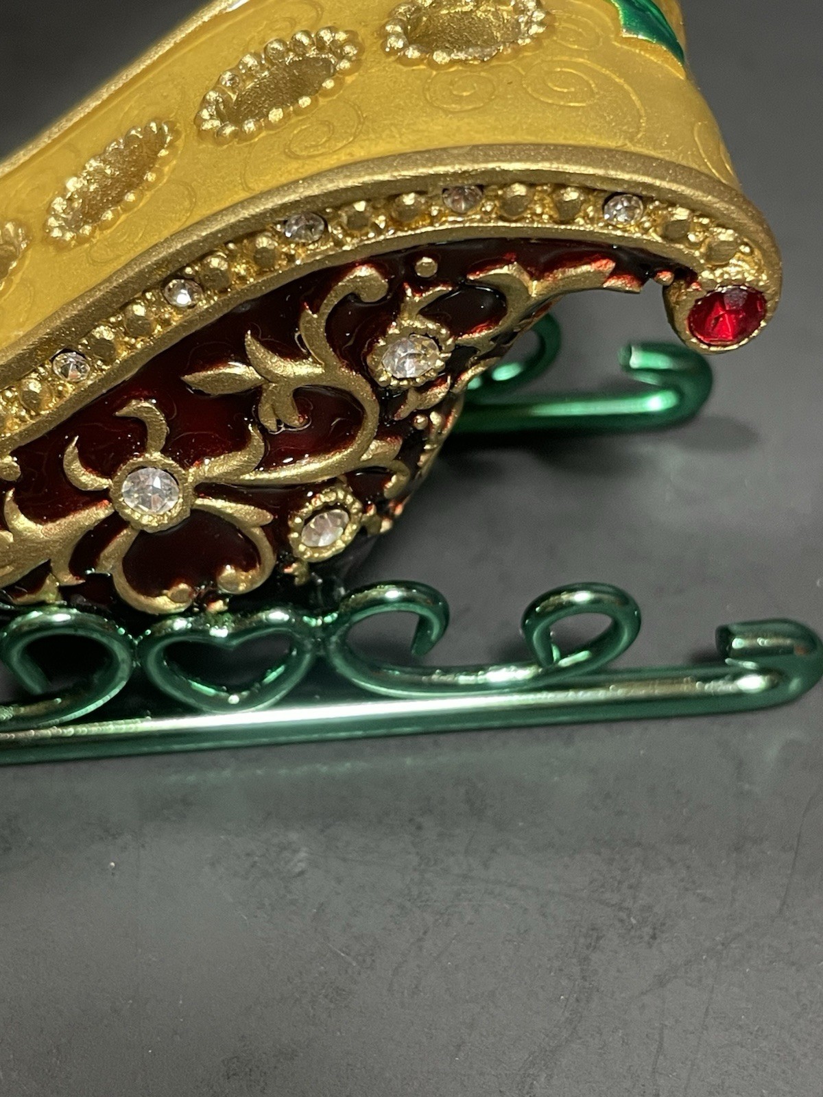 Bejeweled Bombay Christmas Sleigh w Cocktail Picks Forks Enameled In Box