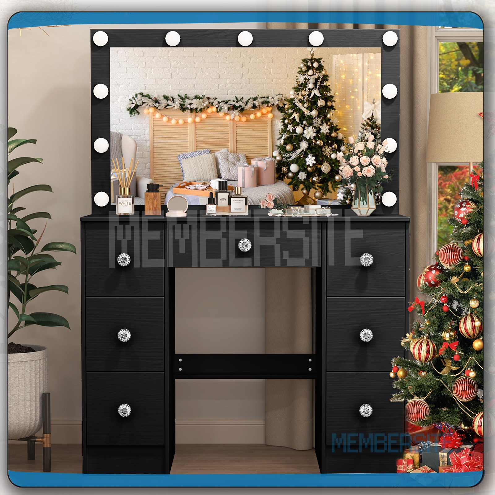 Black Vanity Makeup Desk Dressing Table With Large Mirror + Drawer &Crystal Pull