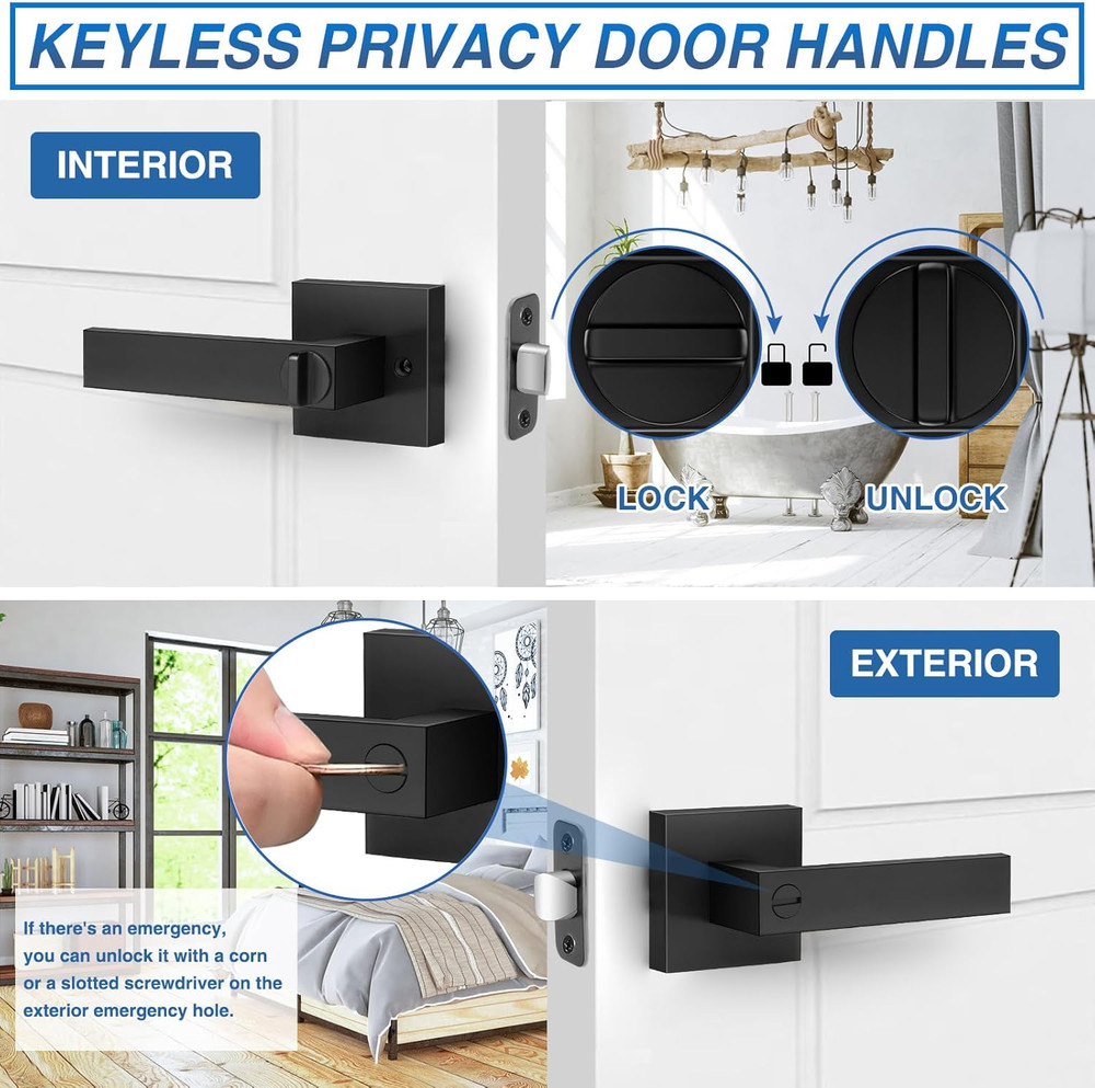 6 Pack Matte Black Door Handles Interior, Keyless Interior Door Knobs, Privacy D