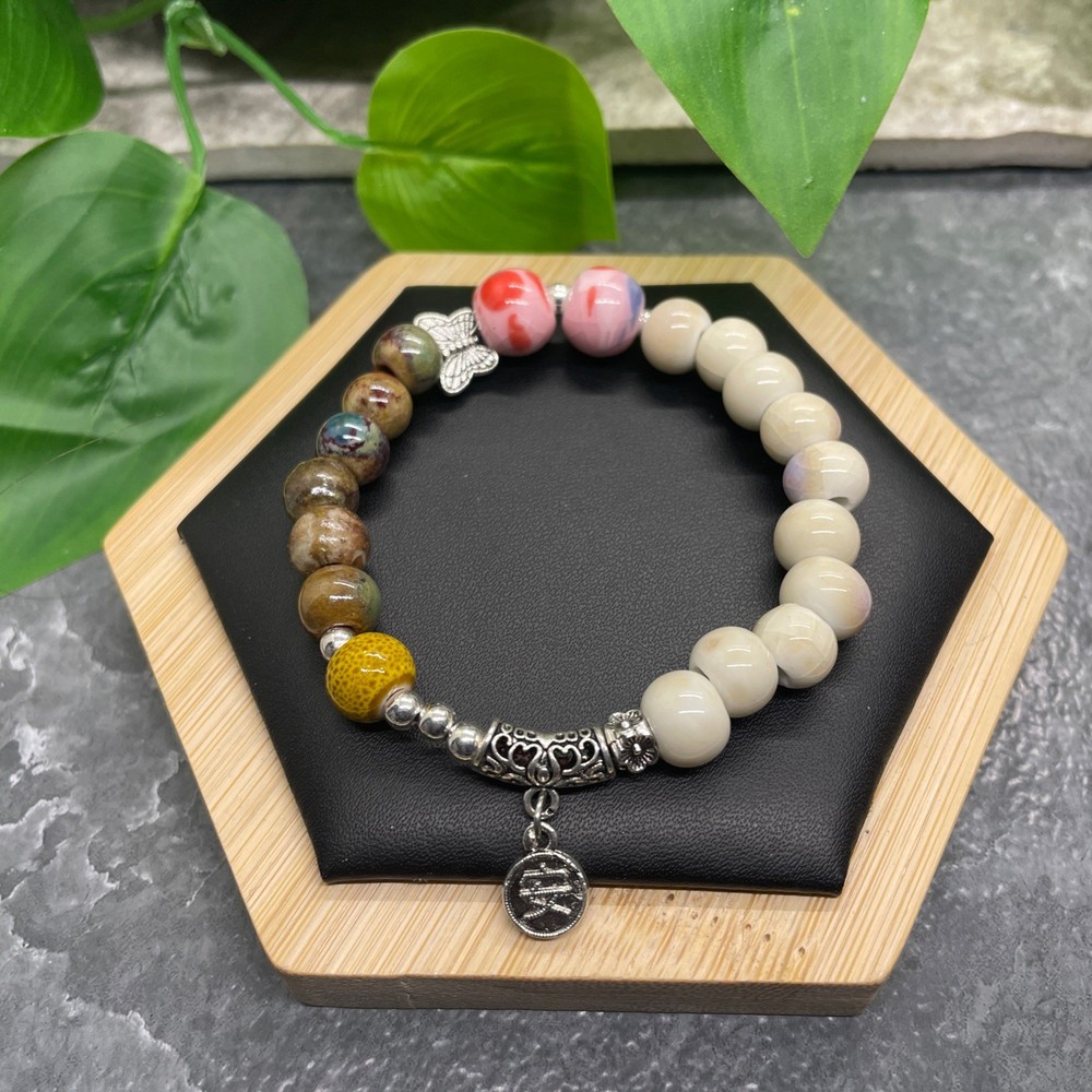 Handmade Ceramic Bead Beaded Stackable 6.25” Plus Stretch Bracelet New B498