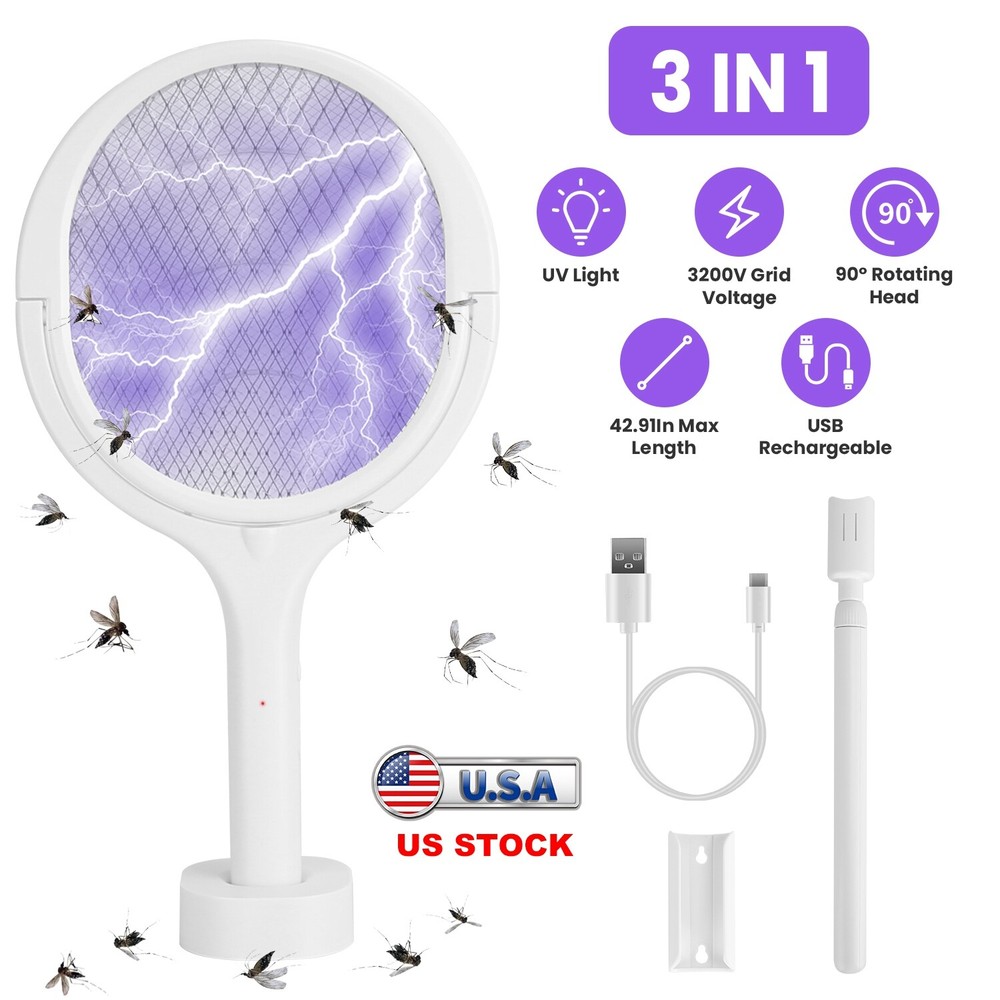 Rotating Head Mosquito with a Telescopic Extension Bug Zapper Racket