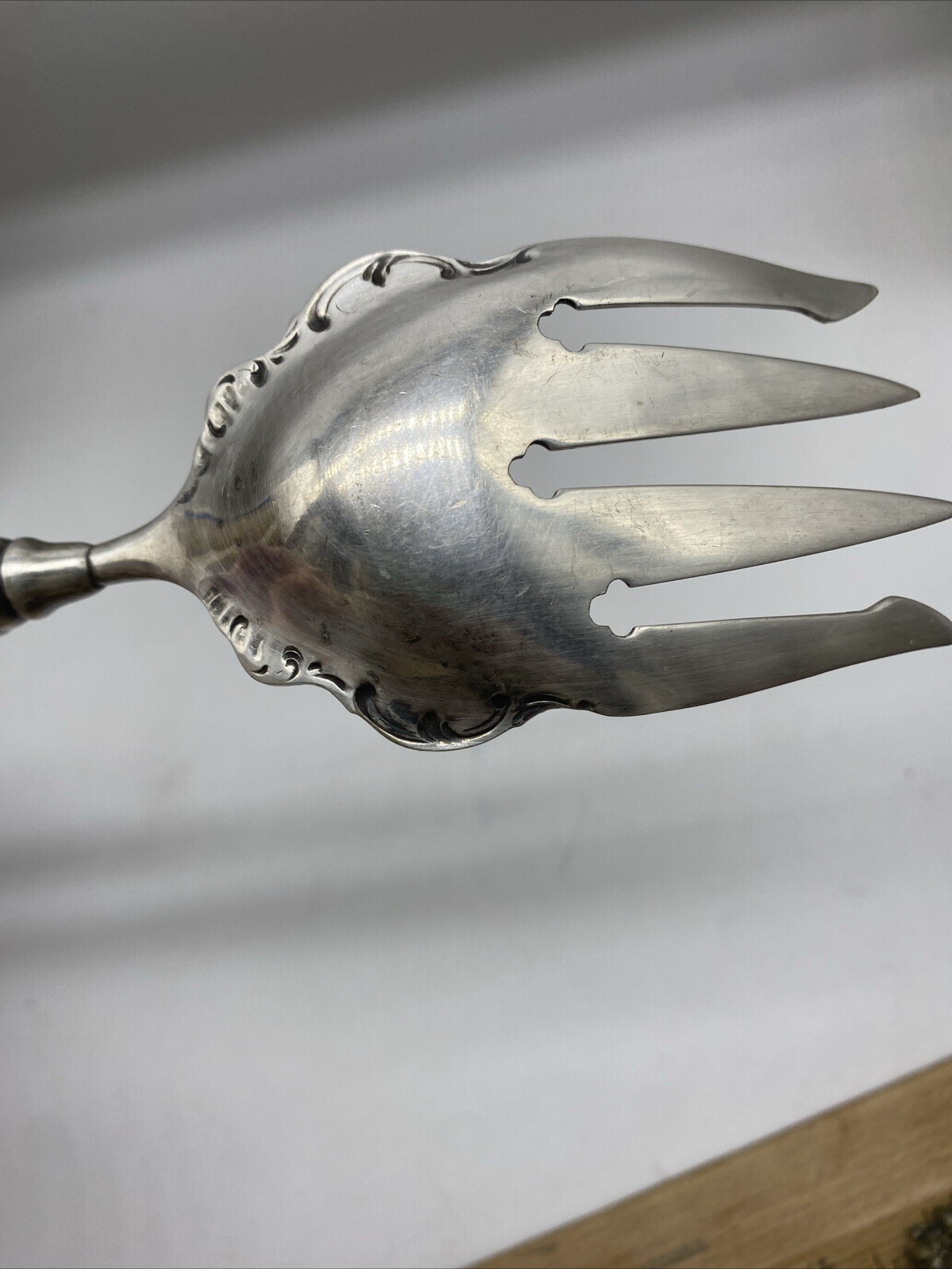 Antique Large Victorian Ornate Silver Serving Fork Wooden Handle 12"