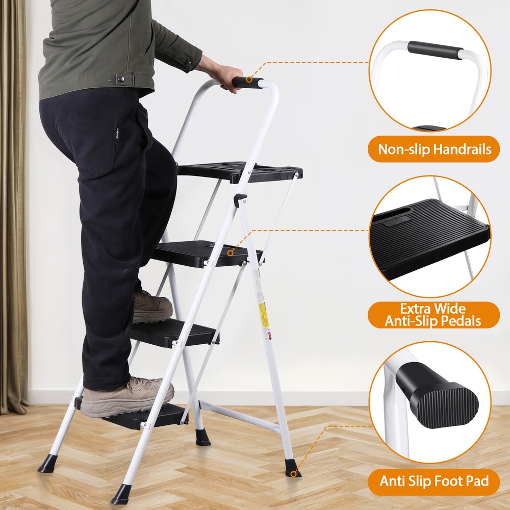 3 Step Ladder with Tool Platform Folding Step Stool with Anti-Slip Pedal White
