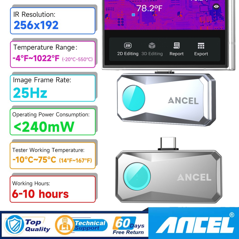 Thermal Imaging Camera for Android Type-C Temperature Accuracy 25Hz Reframe Rate