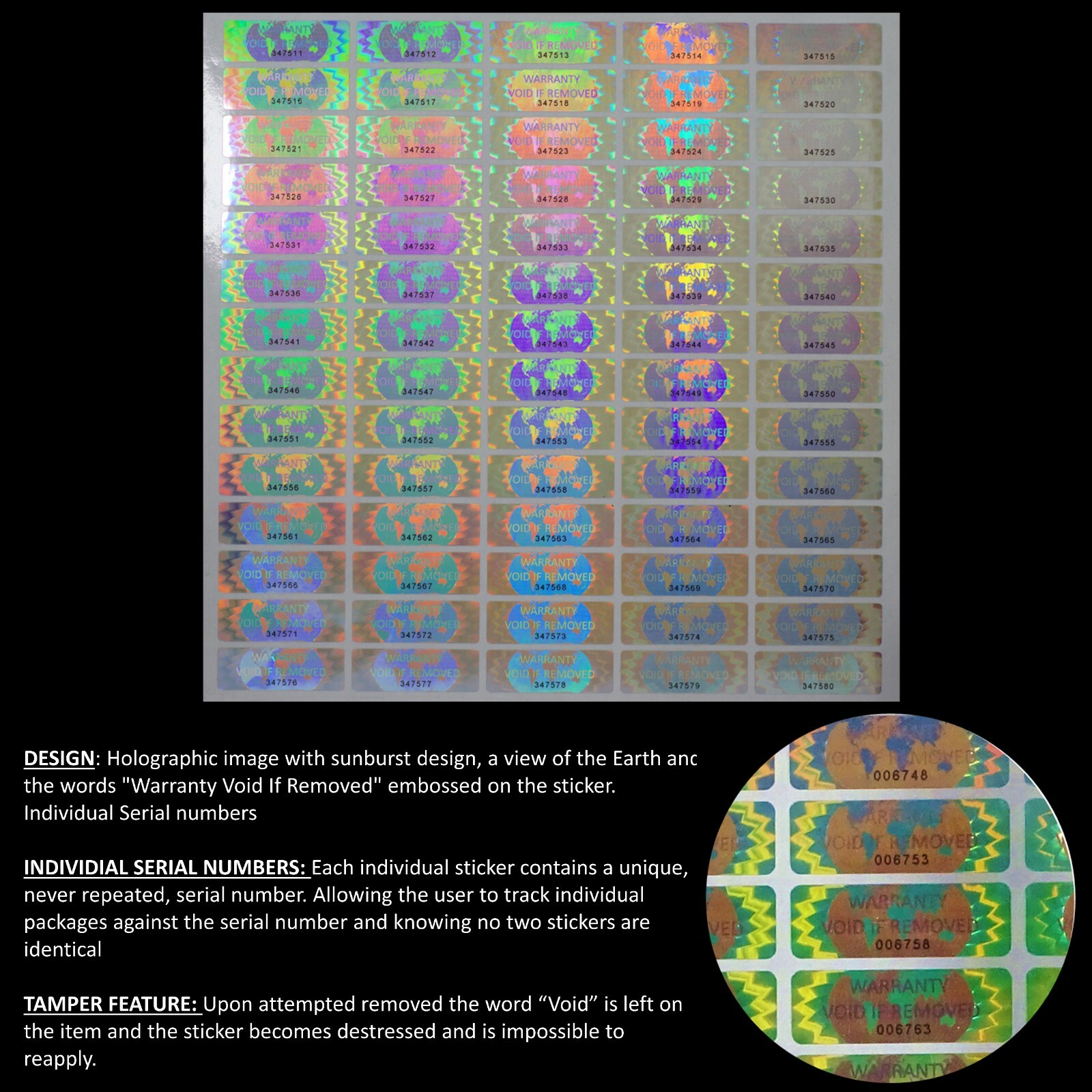 WARRANTY VOID IF REMOVED Tamper Proof Security Sticker (SERIAL NUMBERS) (AvR019)