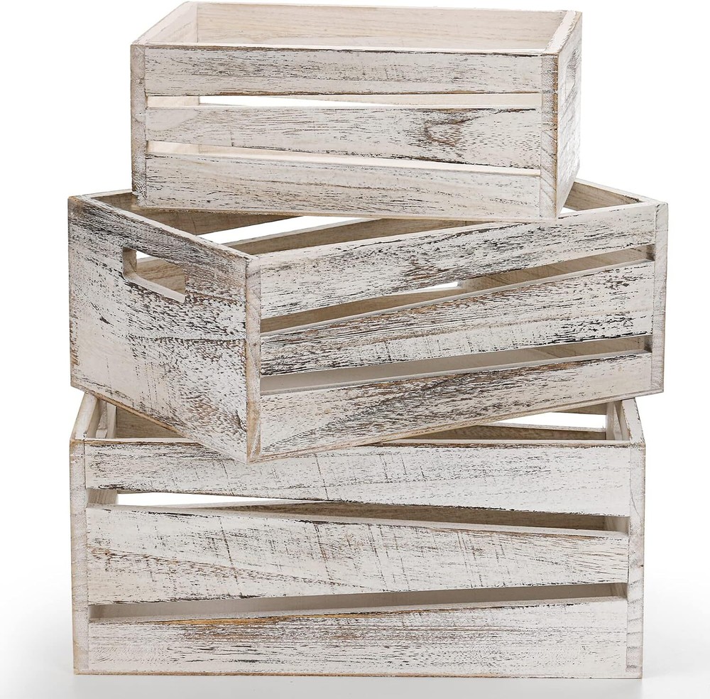 AVLA 3 Pack Wooden Storage Crates, Rustic Nesting Container Bin with...