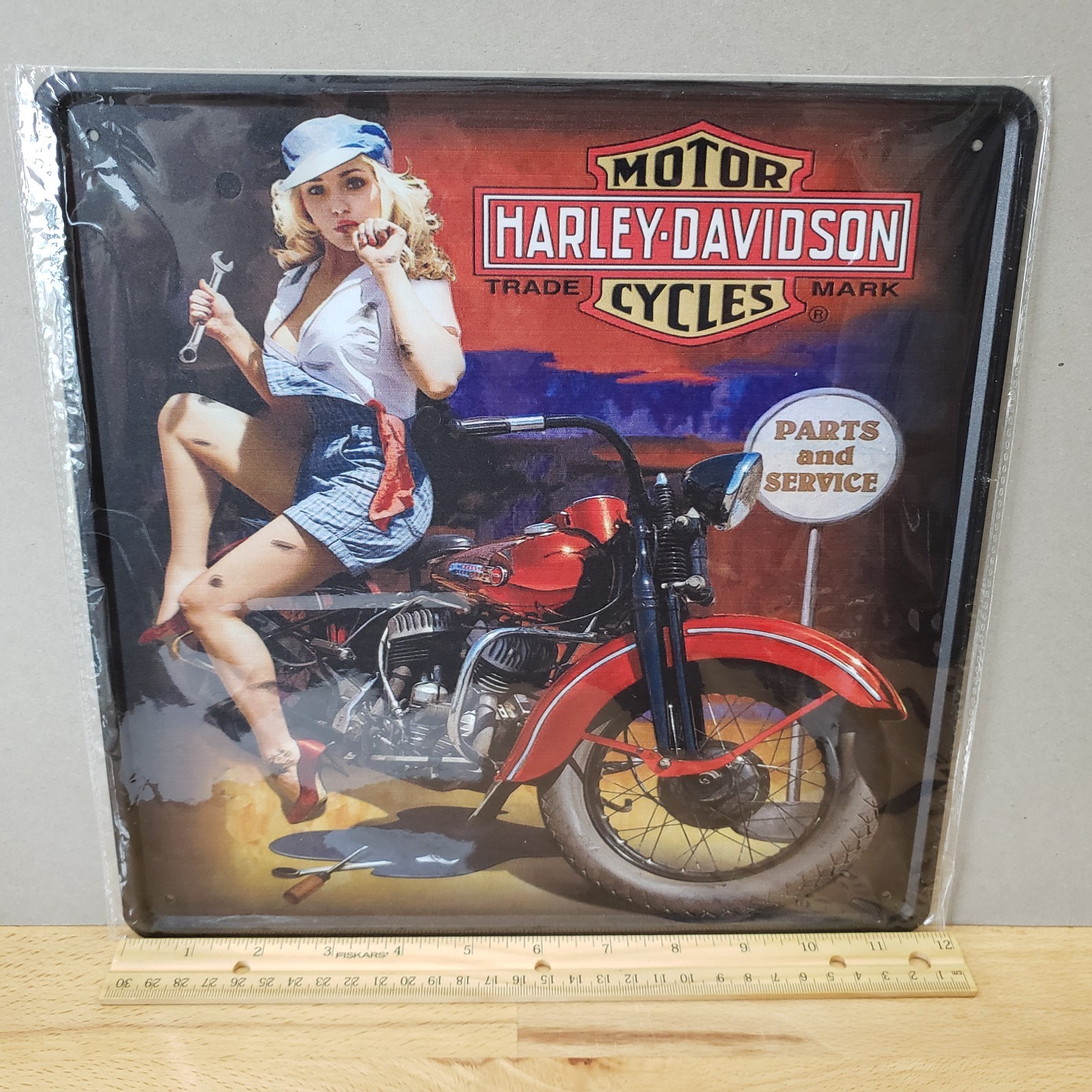Reproduction Harley Davidson Motorcycle Sexy Mechanic Metal Sign 11.75" x 11.75"