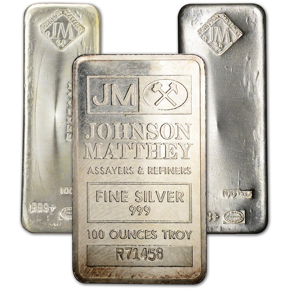 100 oz JM Silver Bar - Johnson Matthey .999 Fine Random Design