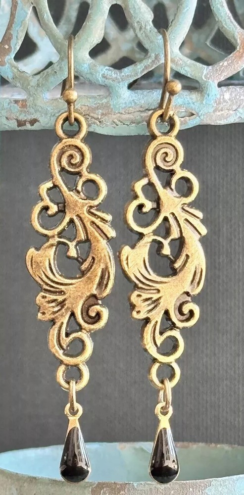 Etched Bronze Design with Black Teardrop Dangle Earrings.
