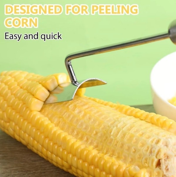 2PC Corn Peeler Stainless Steel Corn Cob Stripping Tool w/ Hook Long Handle Corn