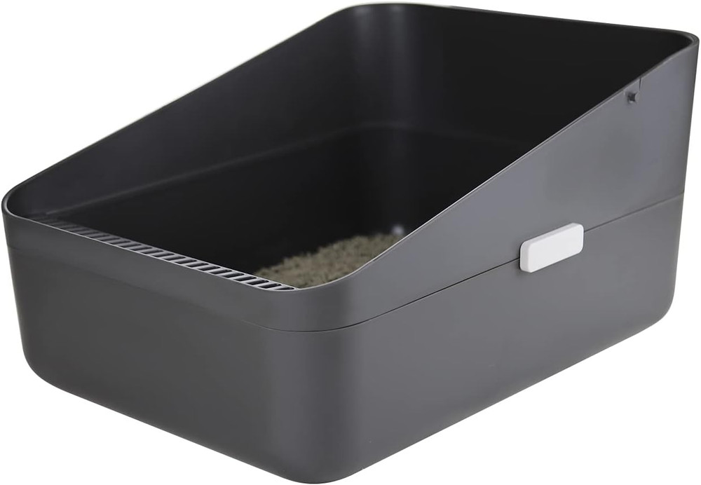 Cats Litter Box Low: Open Sifting Design -Tracking Space Saving - Grey Small Lit