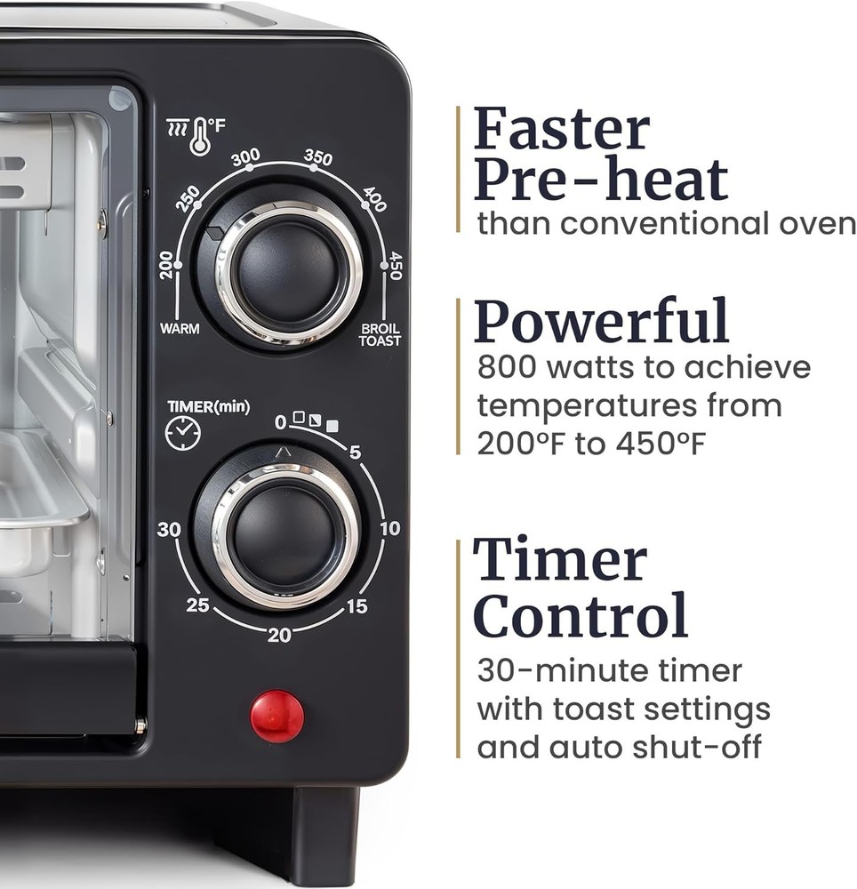 4 Slice Countertop Toaster Oven 30-Minute Timer, Adjustable Temperature Control