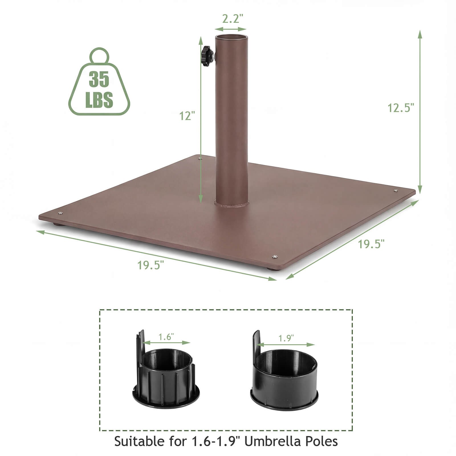 20" Square Patio Umbrella Base Weighted 35 LBS Outdoor Market Stand Footpads