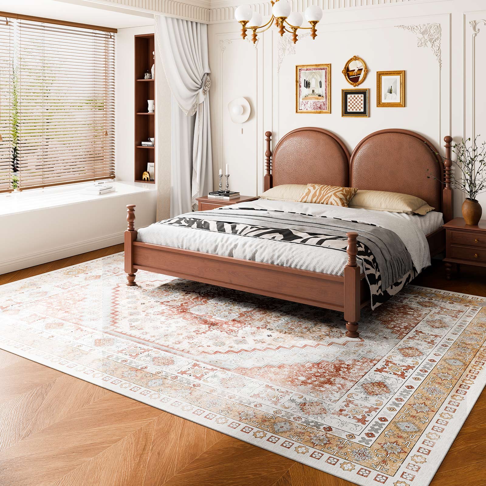 Large Area Rug 9 x 12 ft Anti-Skid Tear-Resistant Floor Mat Vintage Brown Red