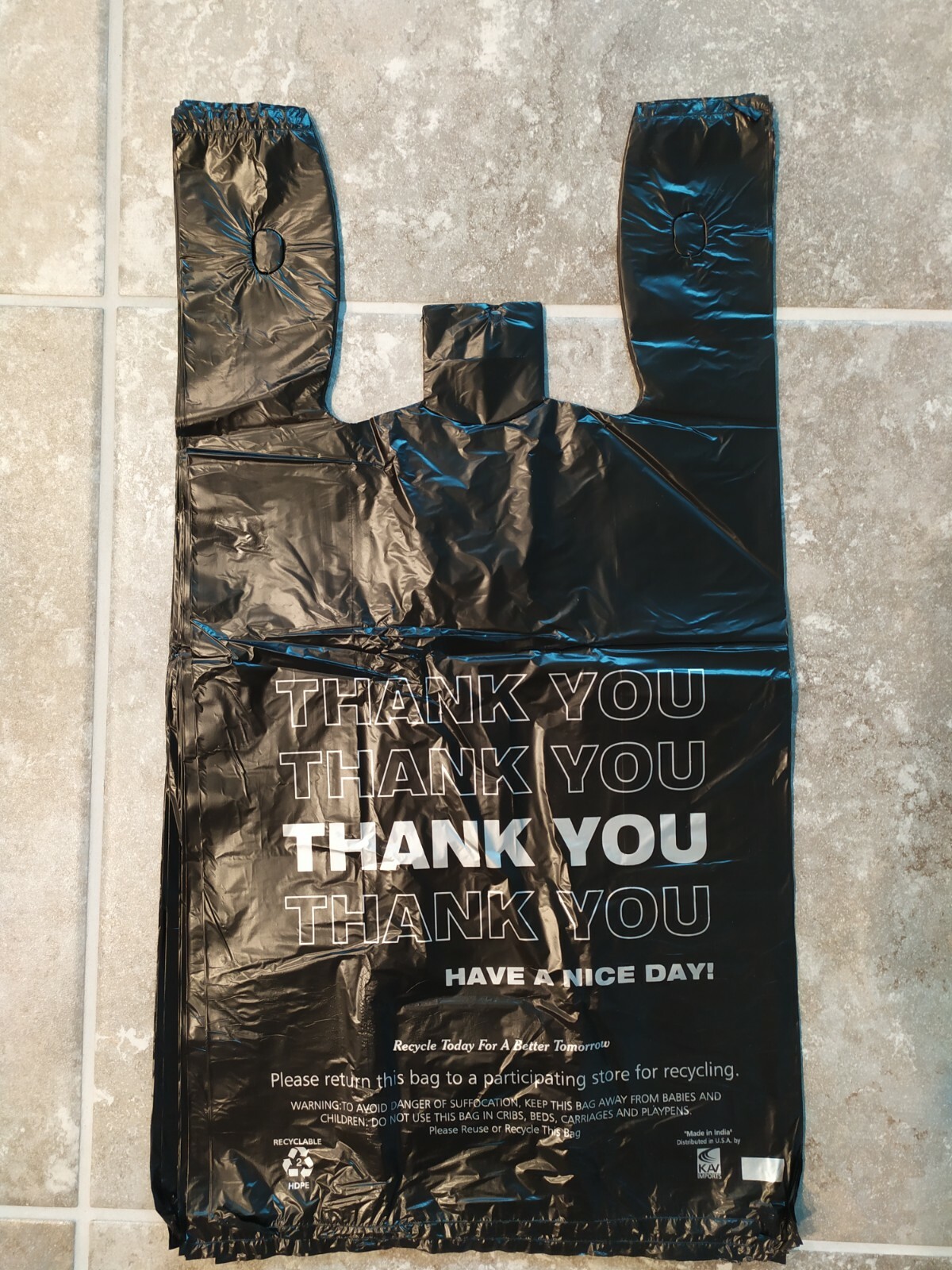 1/6 Large 20 x 6.5 x 11.5 BLACK Thank you T-Shirt Plastic Grocery Shopping Bags