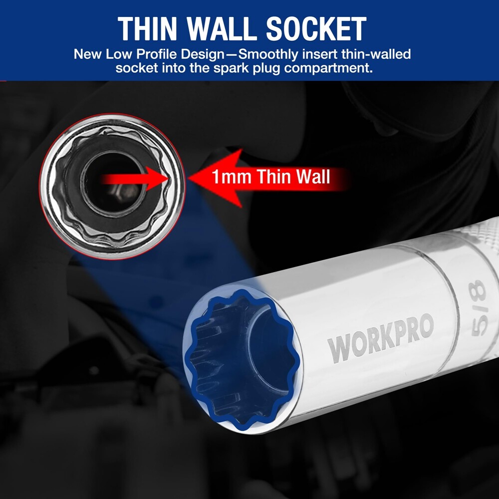 WORKPRO 7PCS 3/8" Magnetic Spark Plug Socket Sets Thin Wall 360° Swivel 6PT 12PT