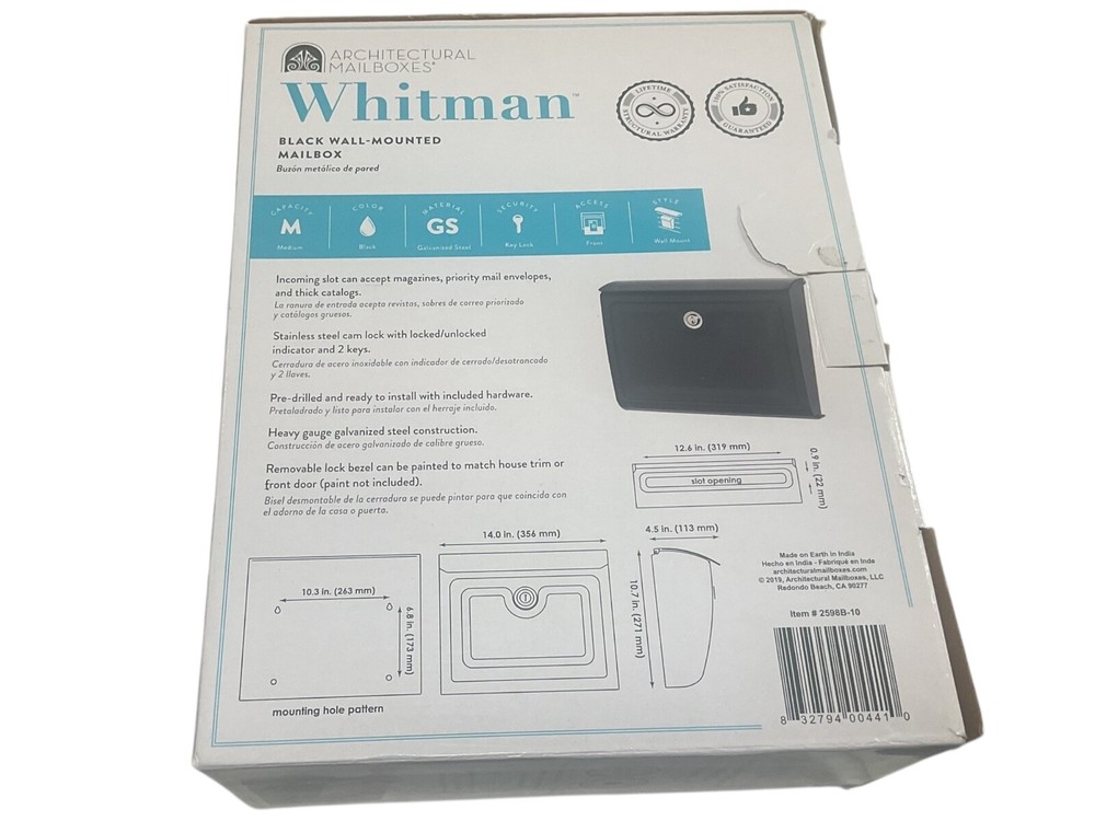 Architectural Mailboxes Whitman Black Wall-Mounted Locking Mailbox 14” X 10.7”