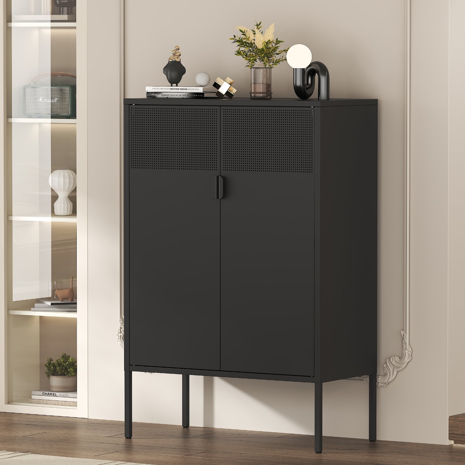 Black Metal Storage Cabinet,2 Door TV Stand, Metal Mesh Accent Cabinet